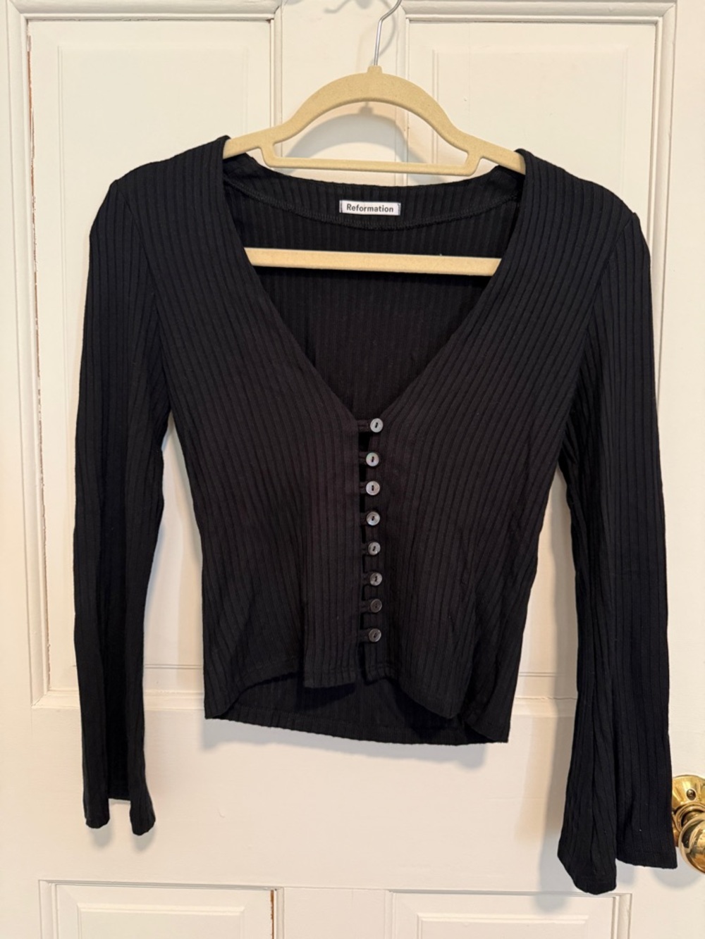 Reformation Black Ribbed Button-Front V-Neck Long Sleeve Top - Picture 4 of 6